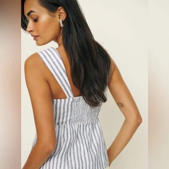 Reformation Evie Linen Top in Antibes Stripe Blue White Stripes | US 0 UK 4 - Picture 2 of 10